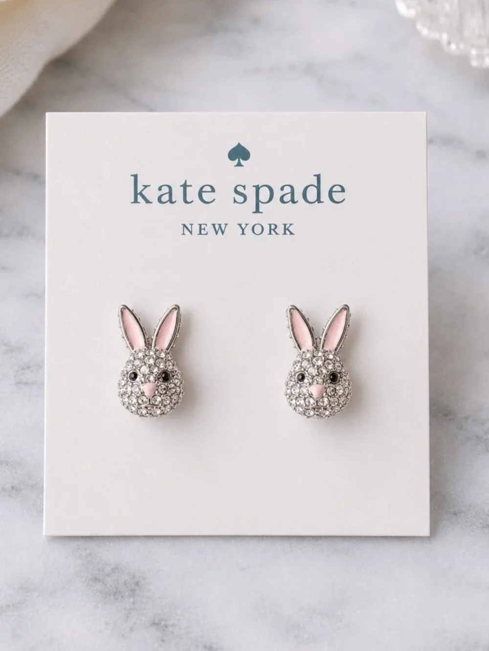 Kate Spade Crystal Bunny Stud Earrings Silver Tone Pink Rabbit Easter Jewelry